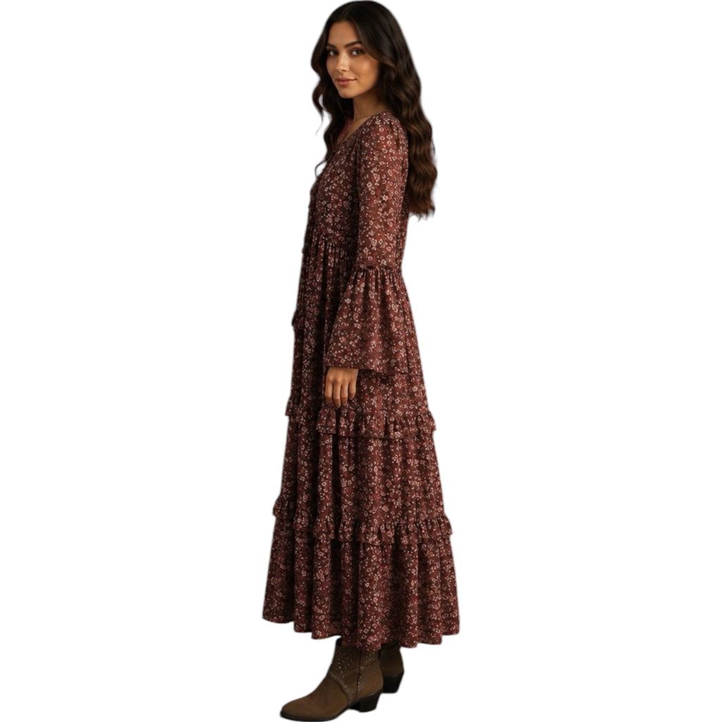 Floral Organza Burgundy V Neck Long Sleeve Tunic Midi Dress