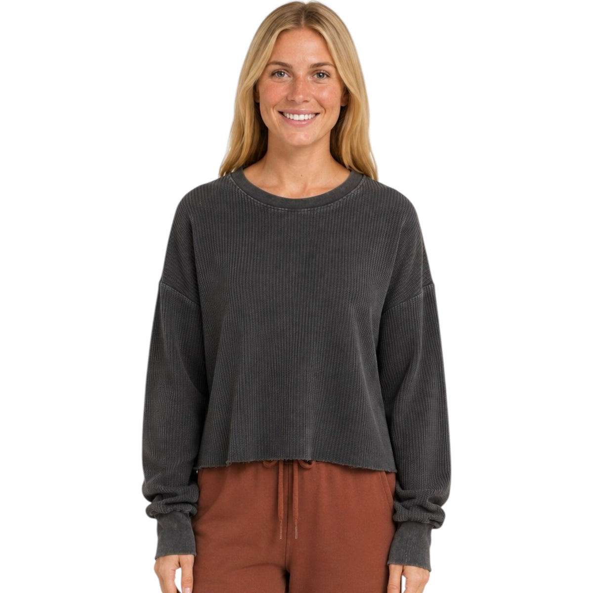 Black Mineral Washed Waffle Knit Top