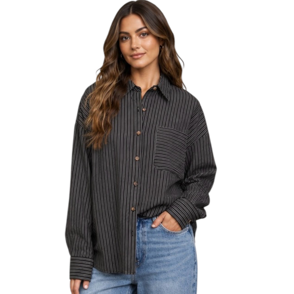 Pinstripe Collared Button Down Long Sleeve Shirt in Black