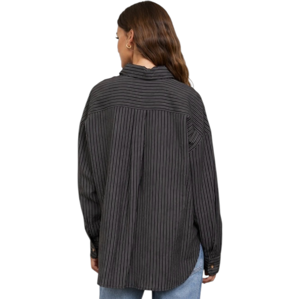 Pinstripe Collared Button Down Long Sleeve Shirt in Black