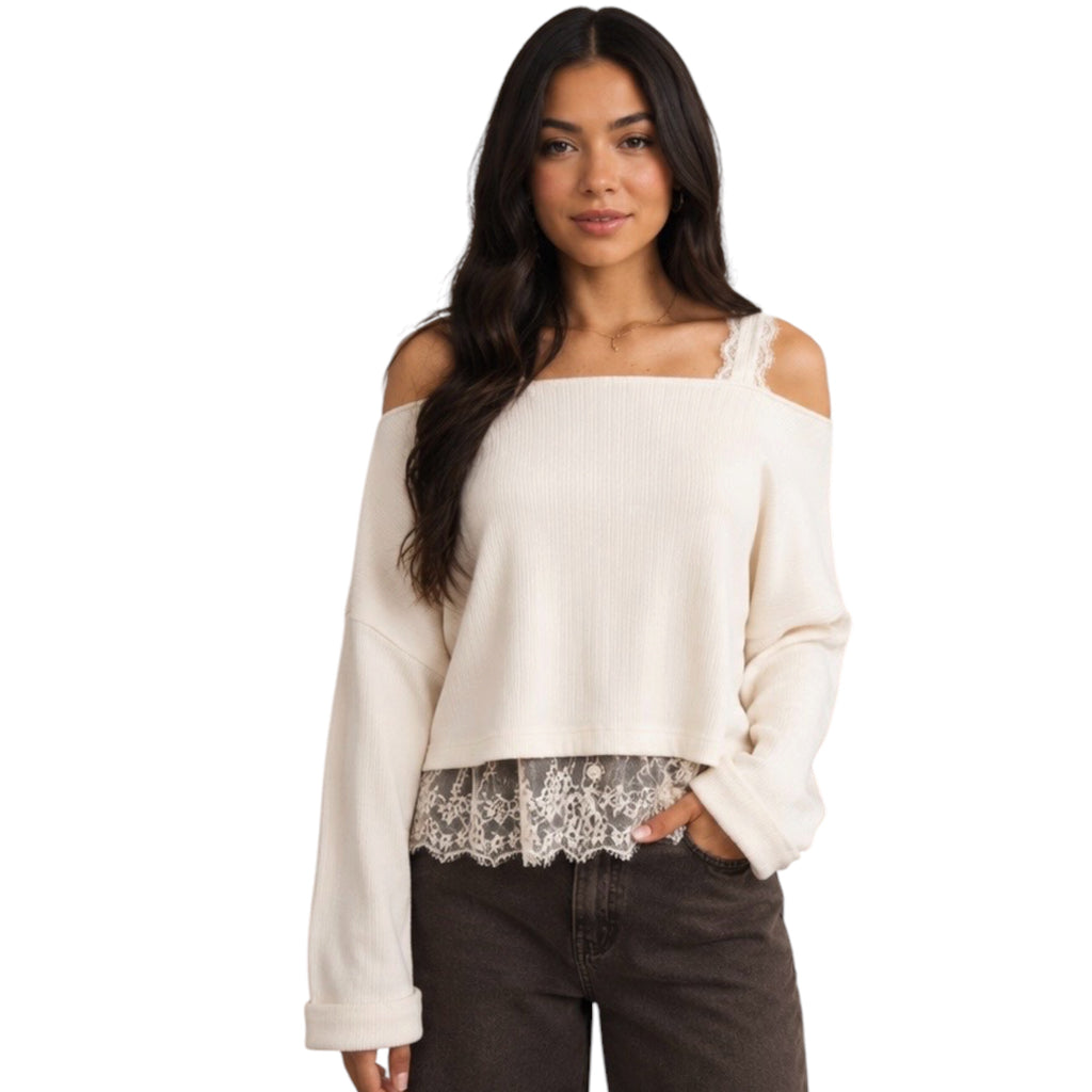 Off-Shoulder Layered Lace Long Sleeve Knit Top