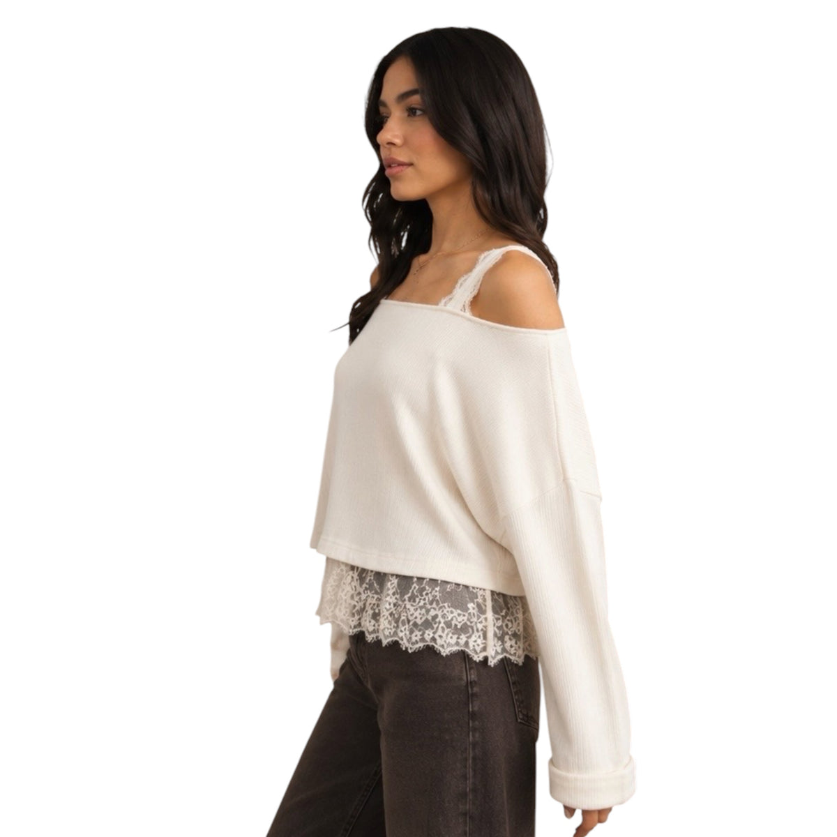 Off-Shoulder Layered Lace Long Sleeve Knit Top