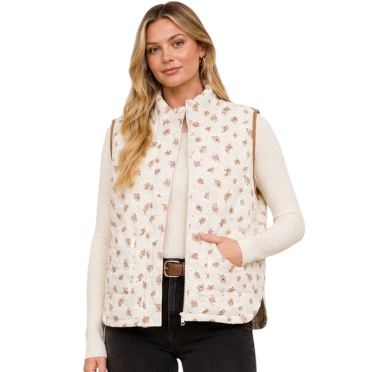 Floral Quilted Zip-Front Mock Neck Vest