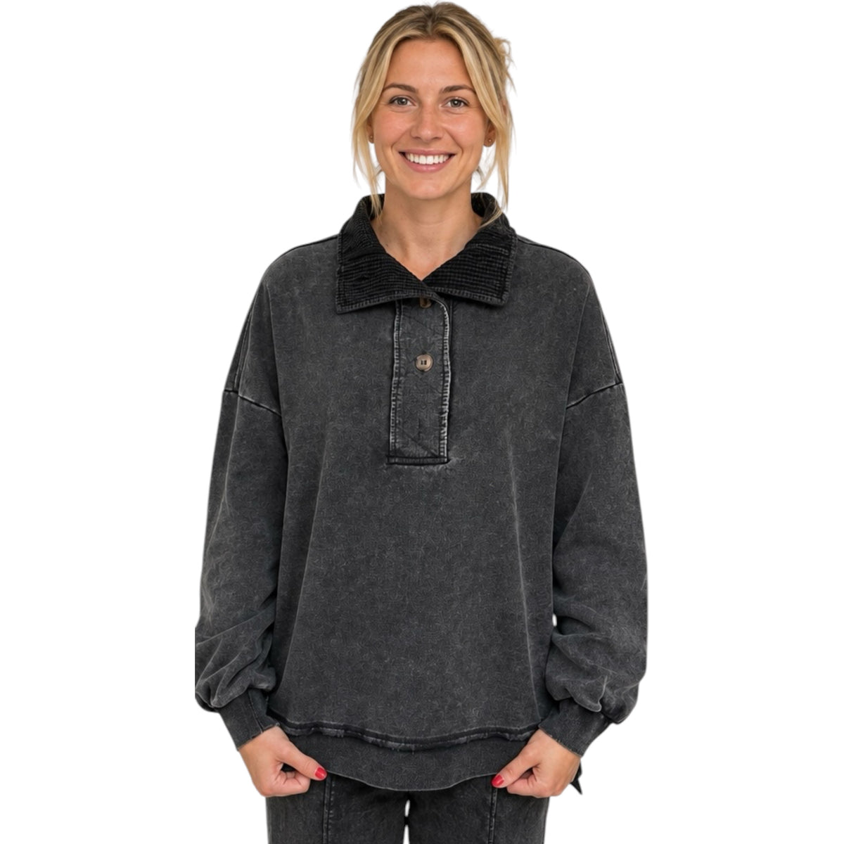 Black Mock Neck Mineral Washed Knit Casual Top