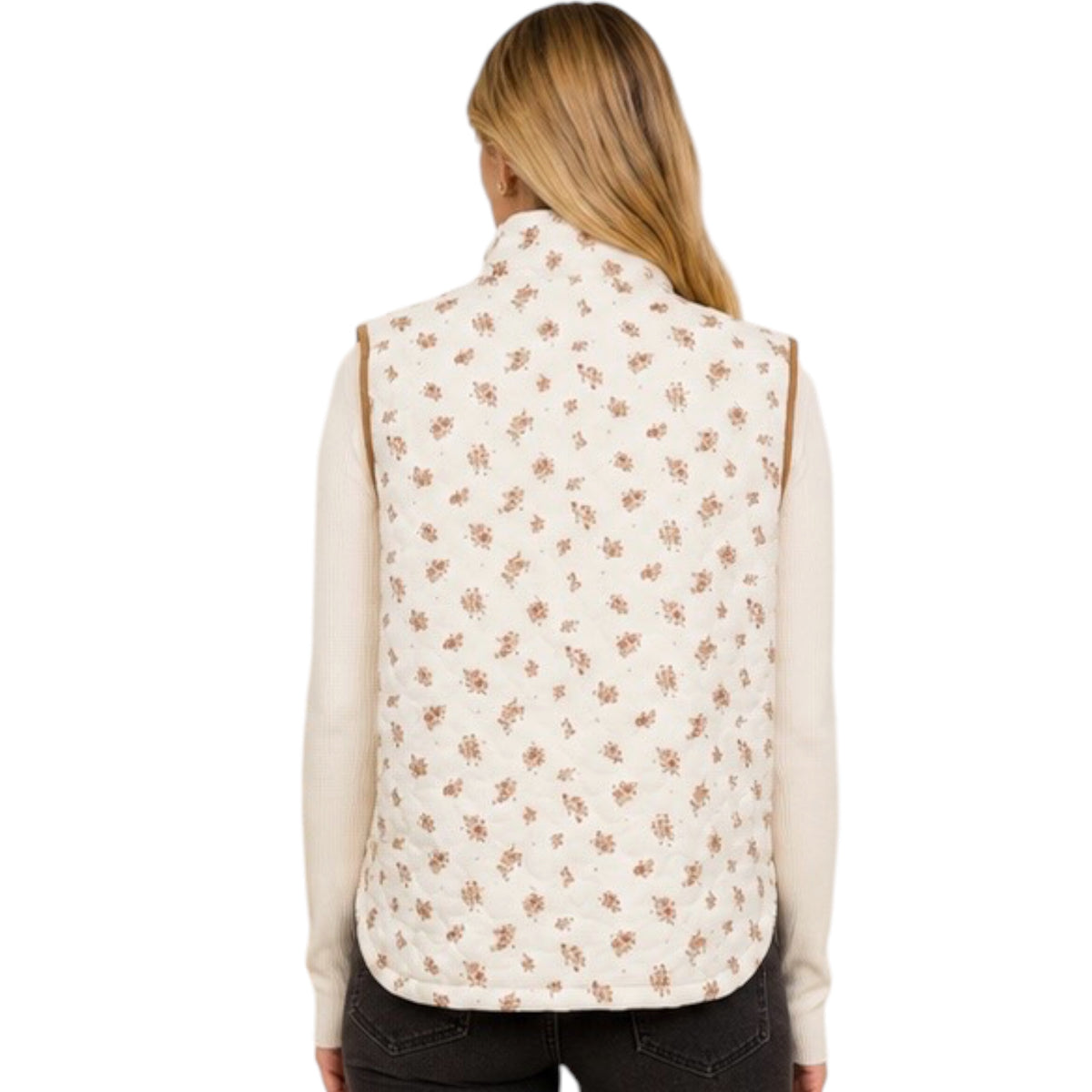 Floral Quilted Zip-Front Mock Neck Vest