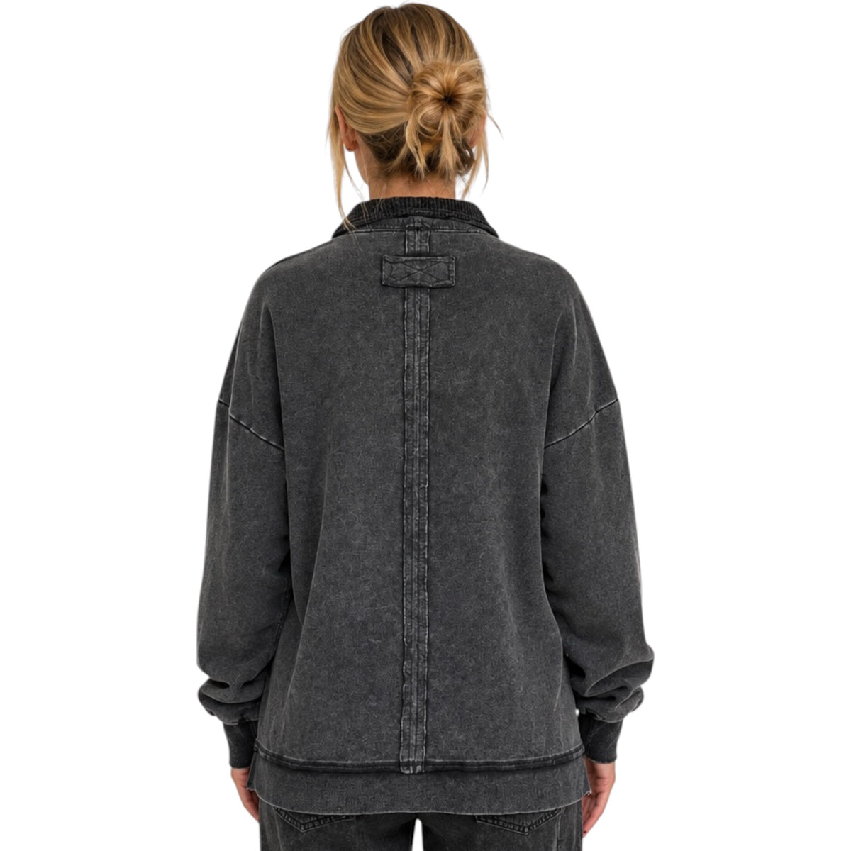 Black Mock Neck Mineral Washed Knit Casual Top