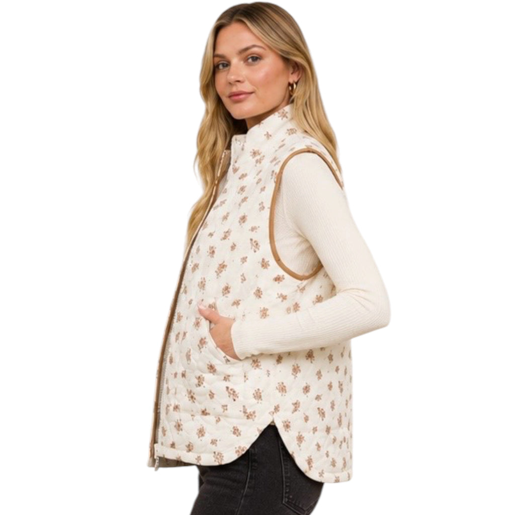Floral Quilted Zip-Front Mock Neck Vest