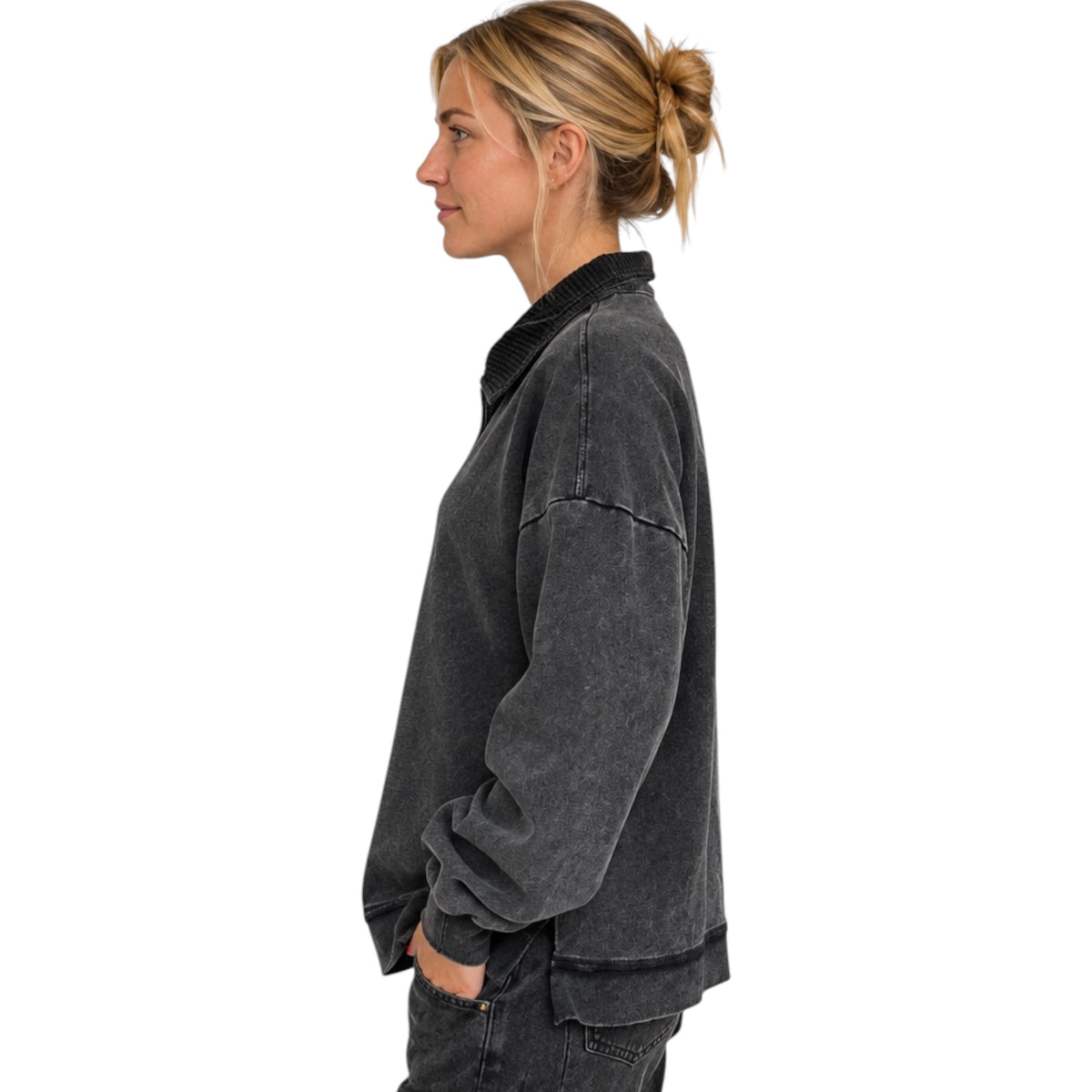 Black Mock Neck Mineral Washed Knit Casual Top