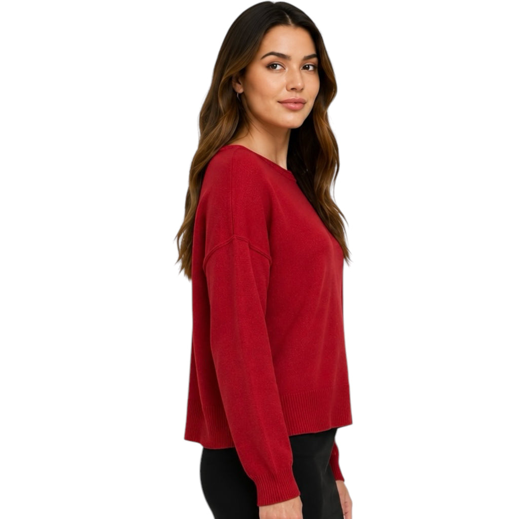 Boat Neck Raw Edge Relaxed Knit Pullover Sweater