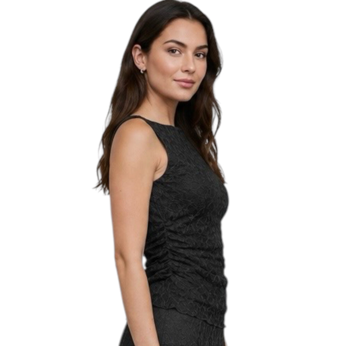 Boat Neck Lace Sleeveless Ruched Side Knit Top