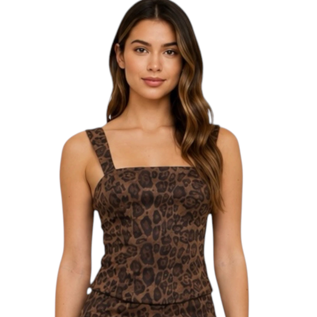 Square Neck Leopard Sleeveless Suede Knit Top