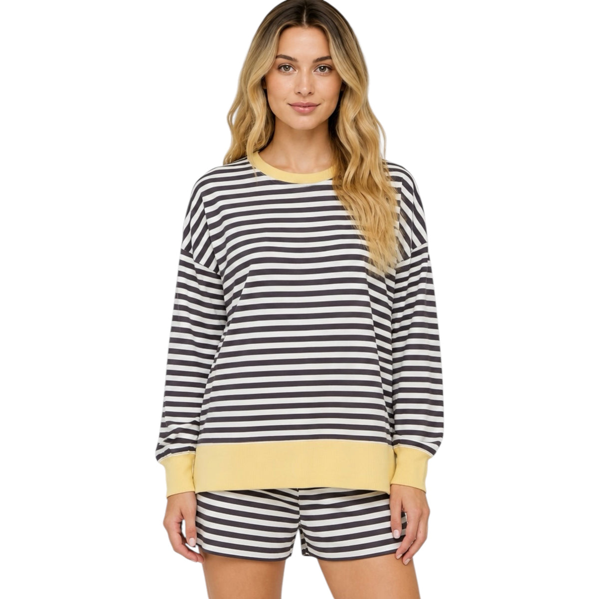 Striped Boxy Long Sleeve Knit Top And Short Set