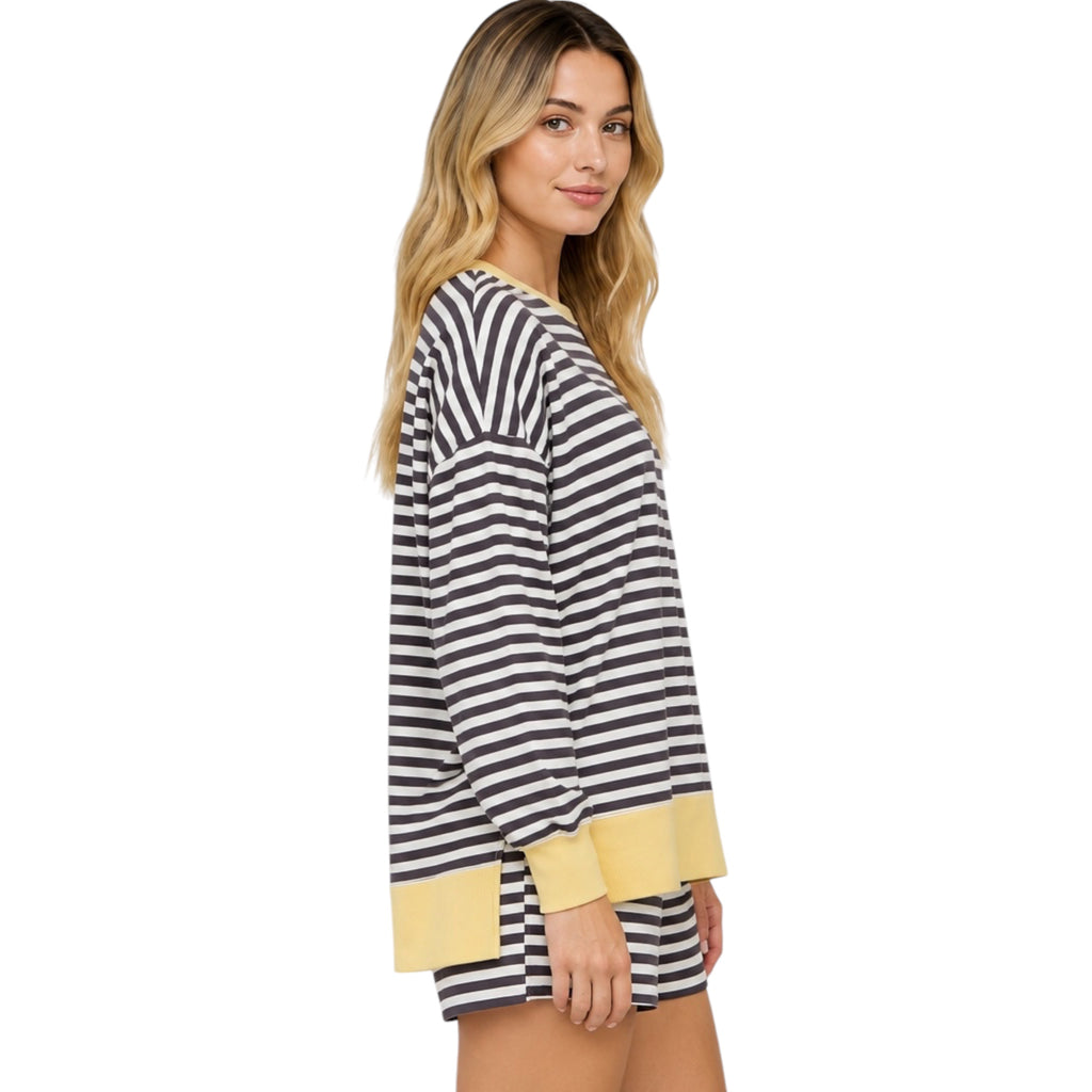 Striped Boxy Long Sleeve Knit Top And Short Set
