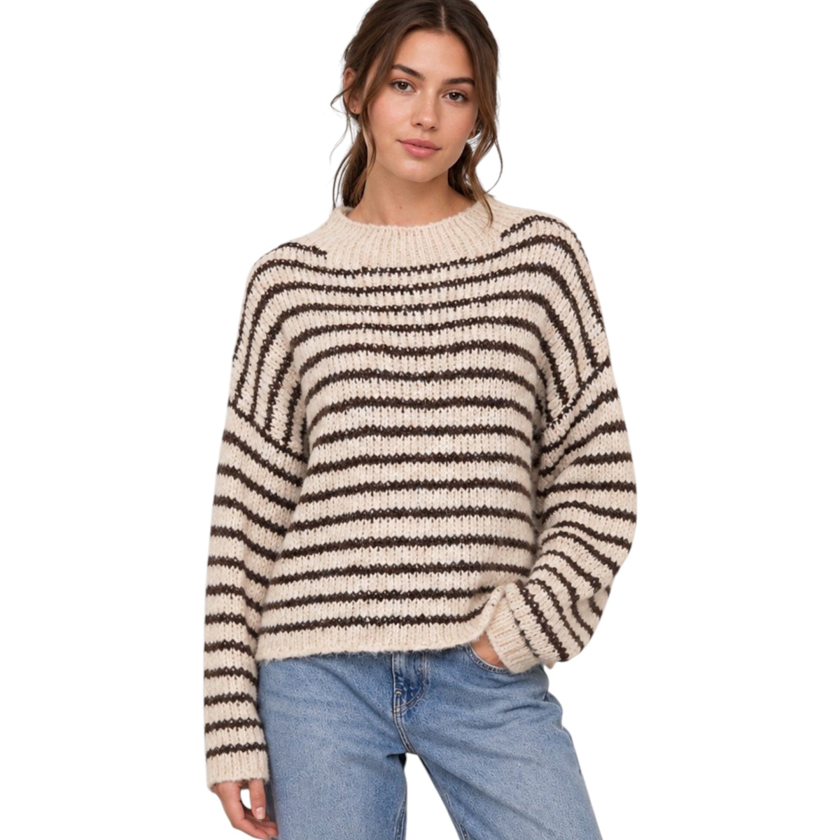Stripe Rolled Edge Detail Long Sleeve Knit Sweater