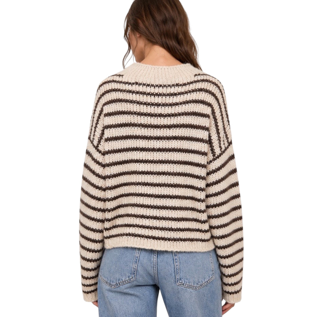 Stripe Rolled Edge Detail Long Sleeve Knit Sweater