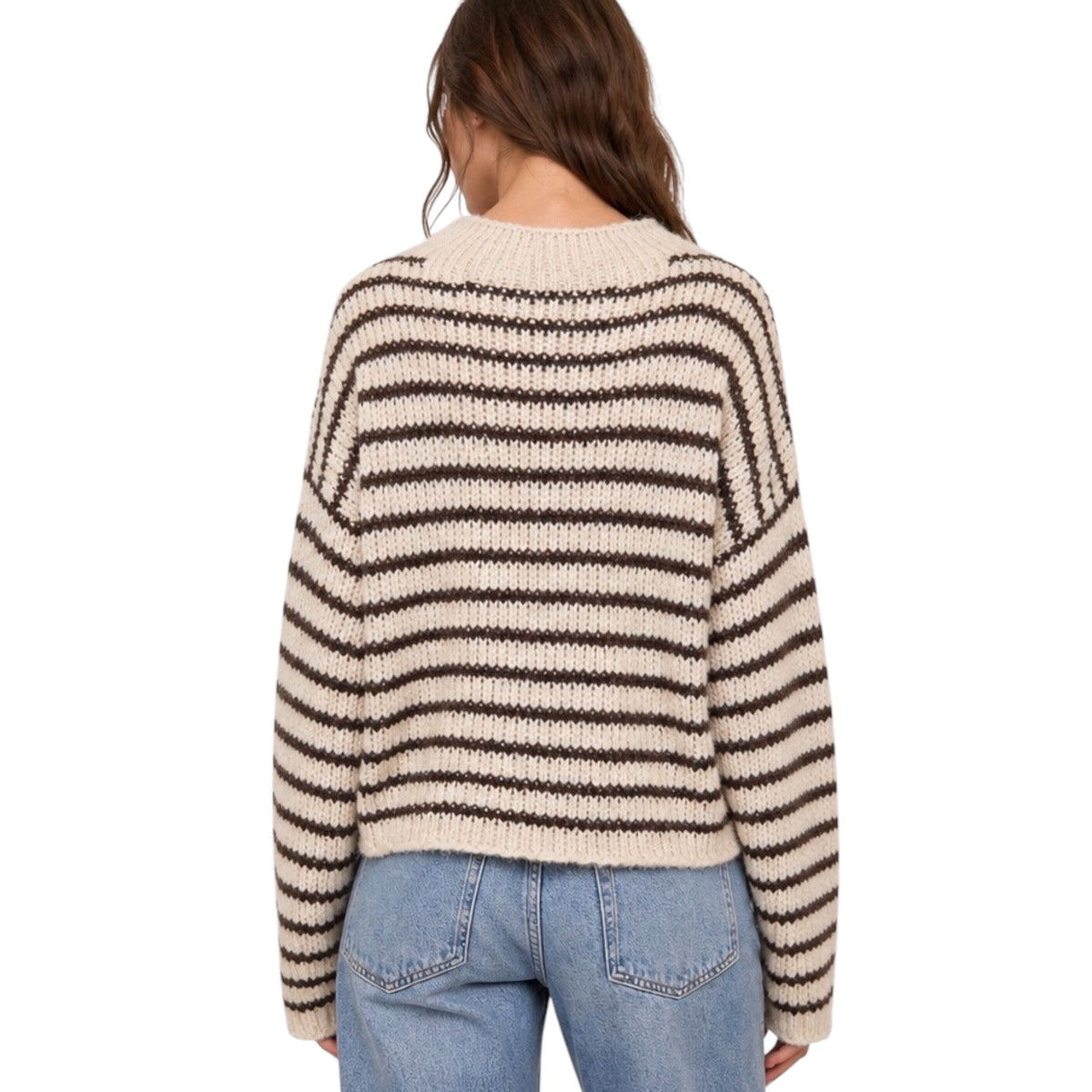 Stripe Rolled Edge Detail Long Sleeve Knit Sweater