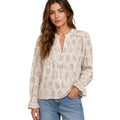 Floral Leaf Print Split Neck Long Sleeve Blouse