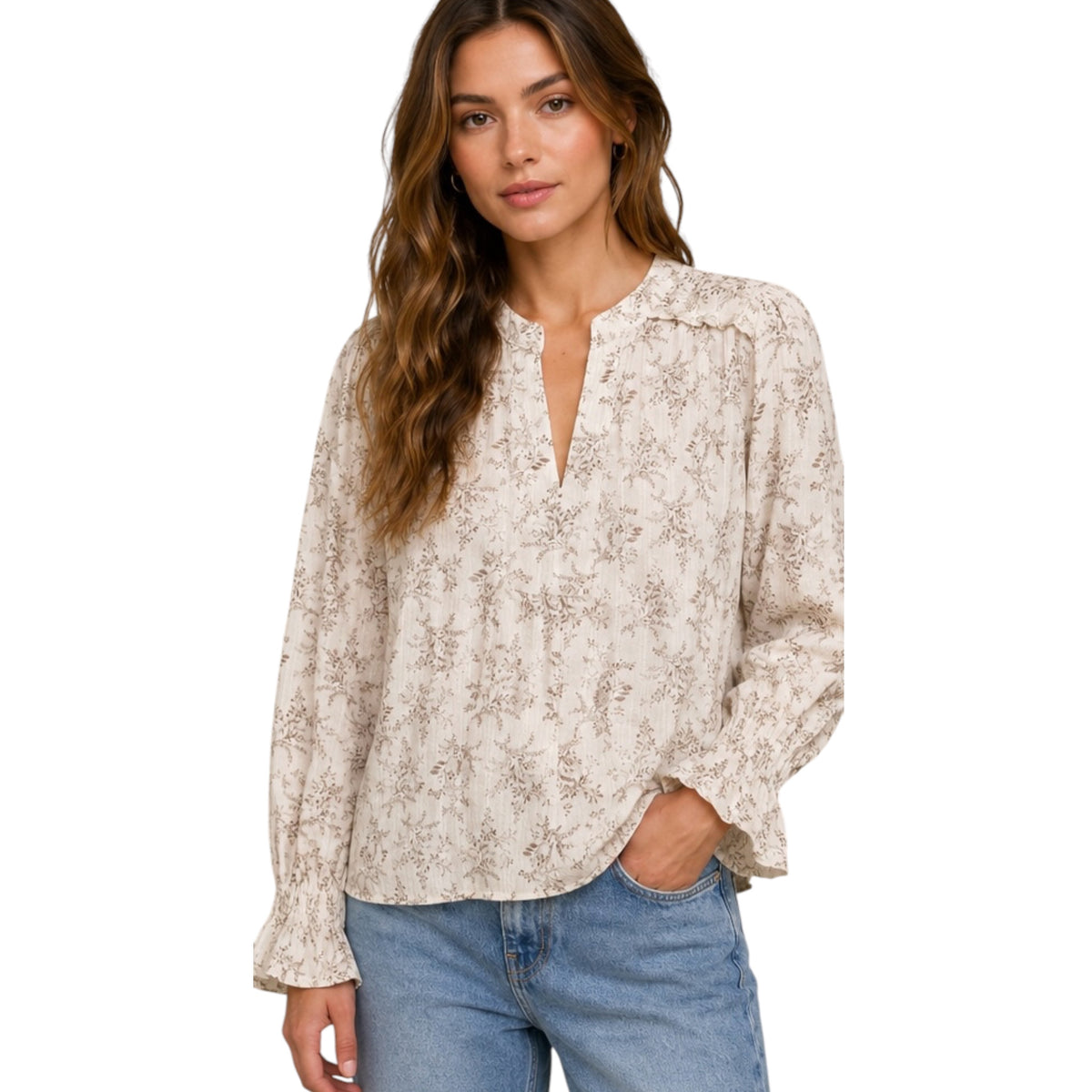 Floral Leaf Print Split Neck Long Sleeve Blouse