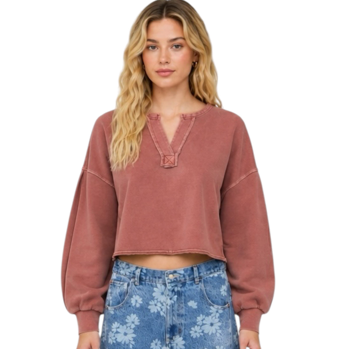 Notch Neck Boxy Long Sleeve Knit Crop Top