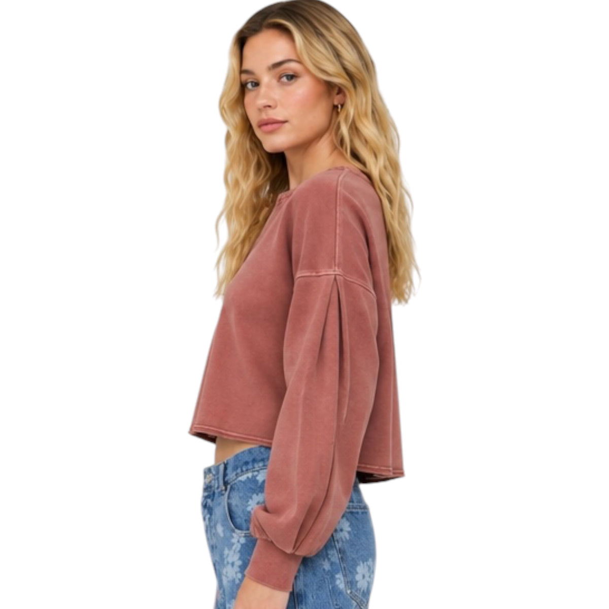 Notch Neck Boxy Long Sleeve Knit Crop Top