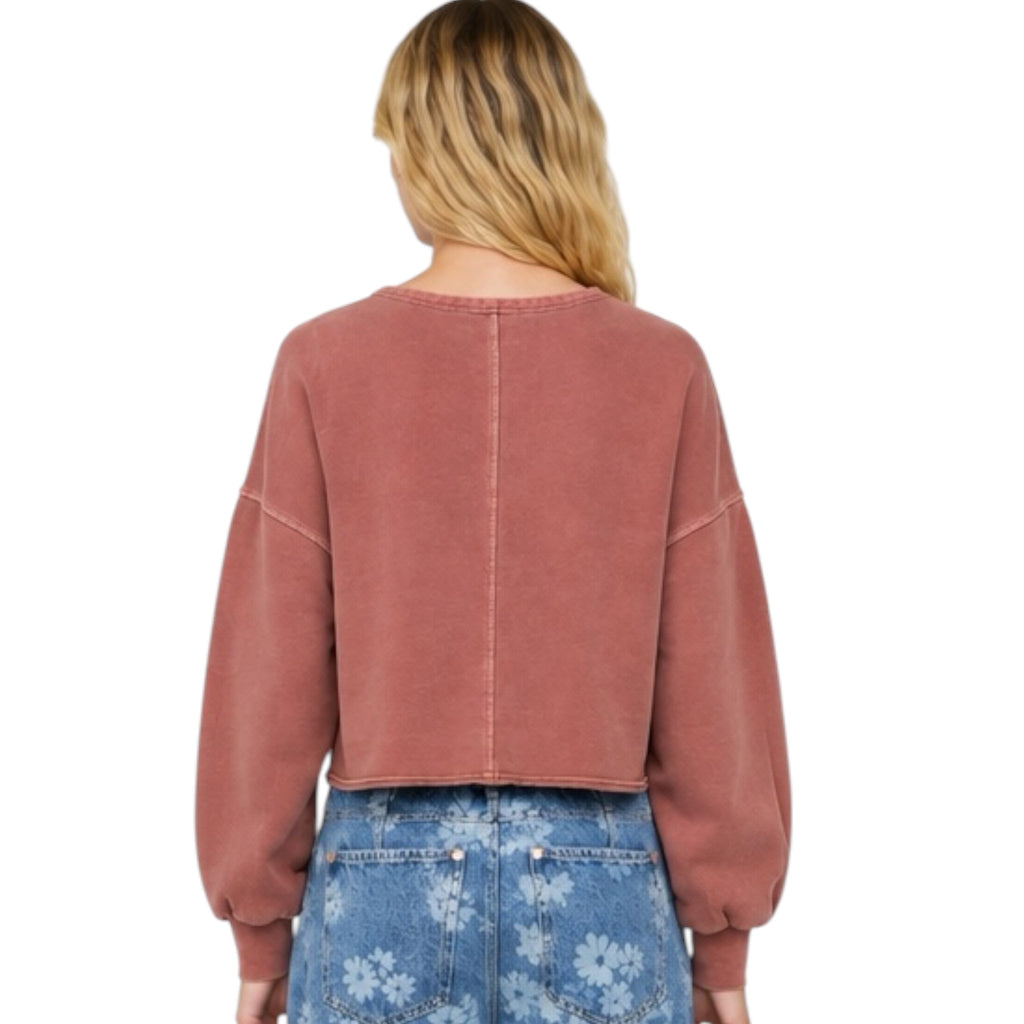 Notch Neck Boxy Long Sleeve Knit Crop Top