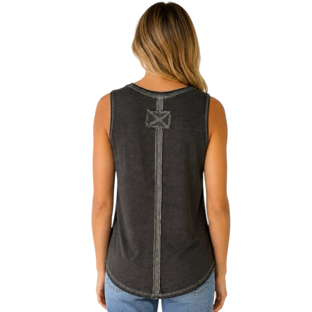 Ash Black Washed Sleeveless V-Neck Top with Hi-Low Hem