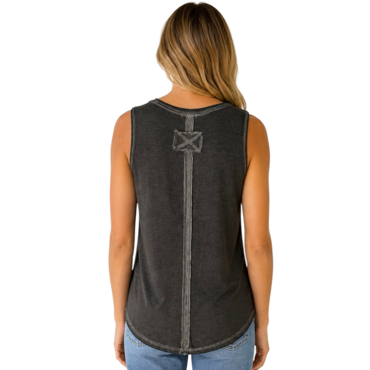Ash Black Washed Sleeveless V-Neck Top with Hi-Low Hem