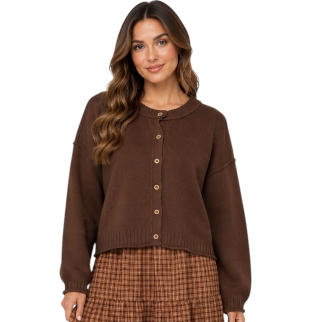 Raw Edge Exposed Seam Button Down Knit Cardigan