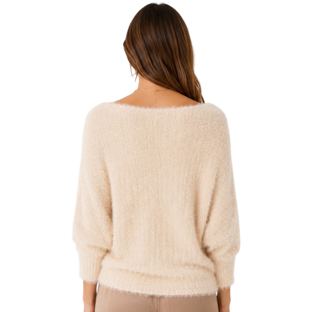 Beige Lurex Fuzzy Puff Sleeve Sweater
