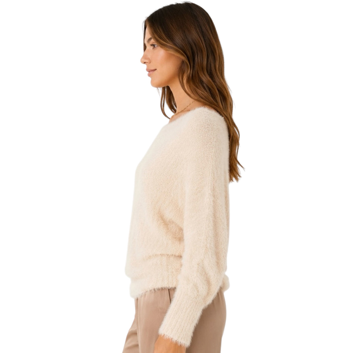 Beige Lurex Fuzzy Puff Sleeve Sweater