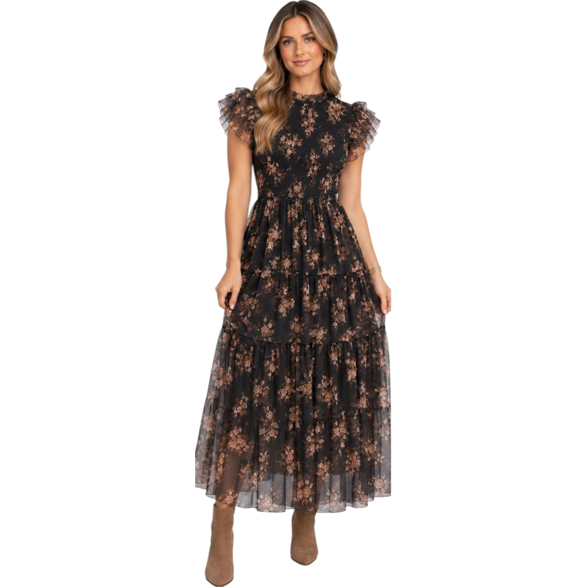 Black Smocked Ruffle Tier Floral Midi Dress