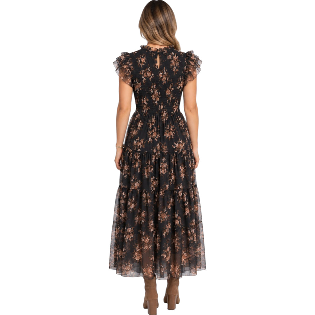 Black Smocked Ruffle Tier Floral Midi Dress