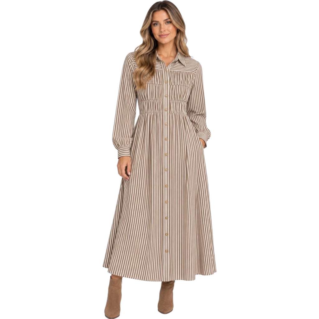 Striped Shirred Collared Long Sleeve Shirt Dress