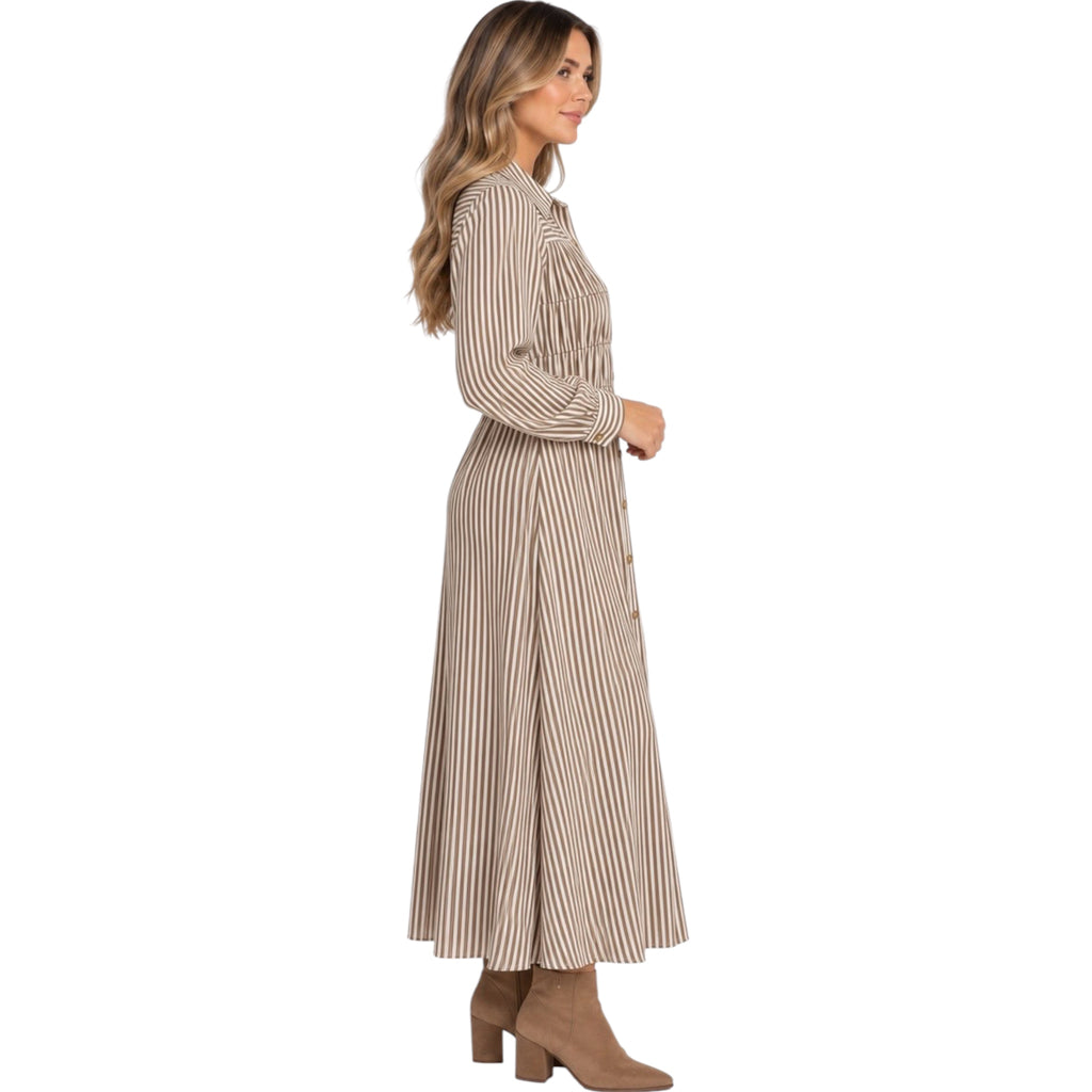 Striped Shirred Collared Long Sleeve Shirt Dress
