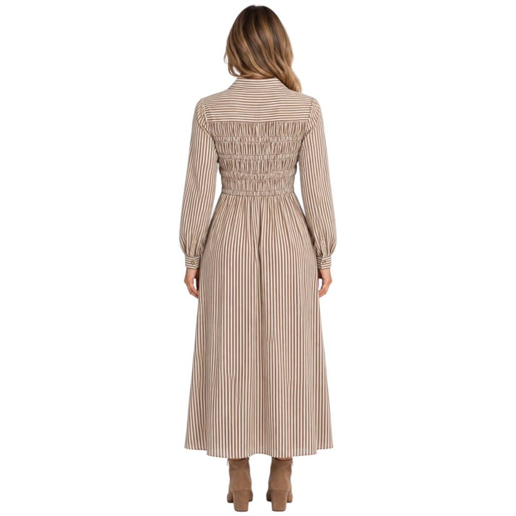Brown Striped Shirred Collared Long Sleeve Shirt Dress