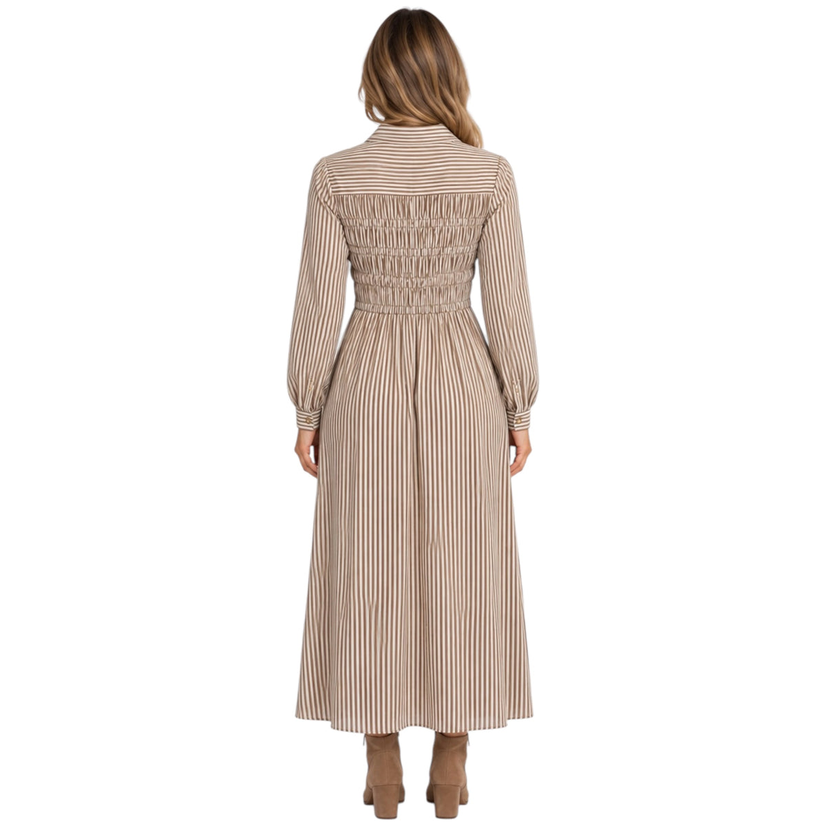 Brown Striped Shirred Collared Long Sleeve Shirt Dress