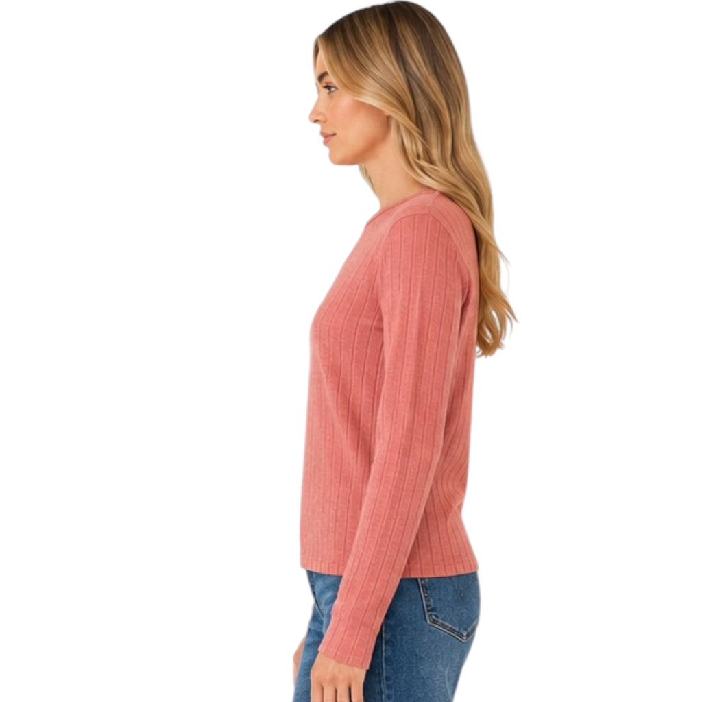 Brick Crew Neck Long Sleeve Ribbed Basic Top