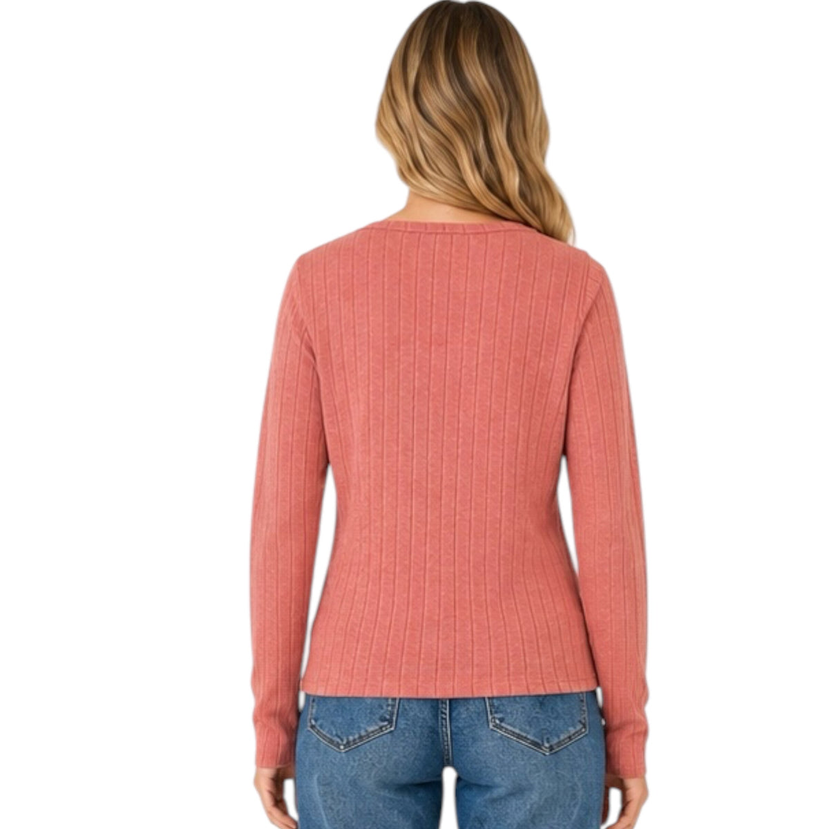 Brick Crew Neck Long Sleeve Ribbed Basic Top