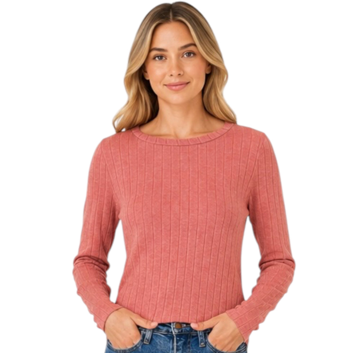 Brick Crew Neck Long Sleeve Ribbed Basic Top