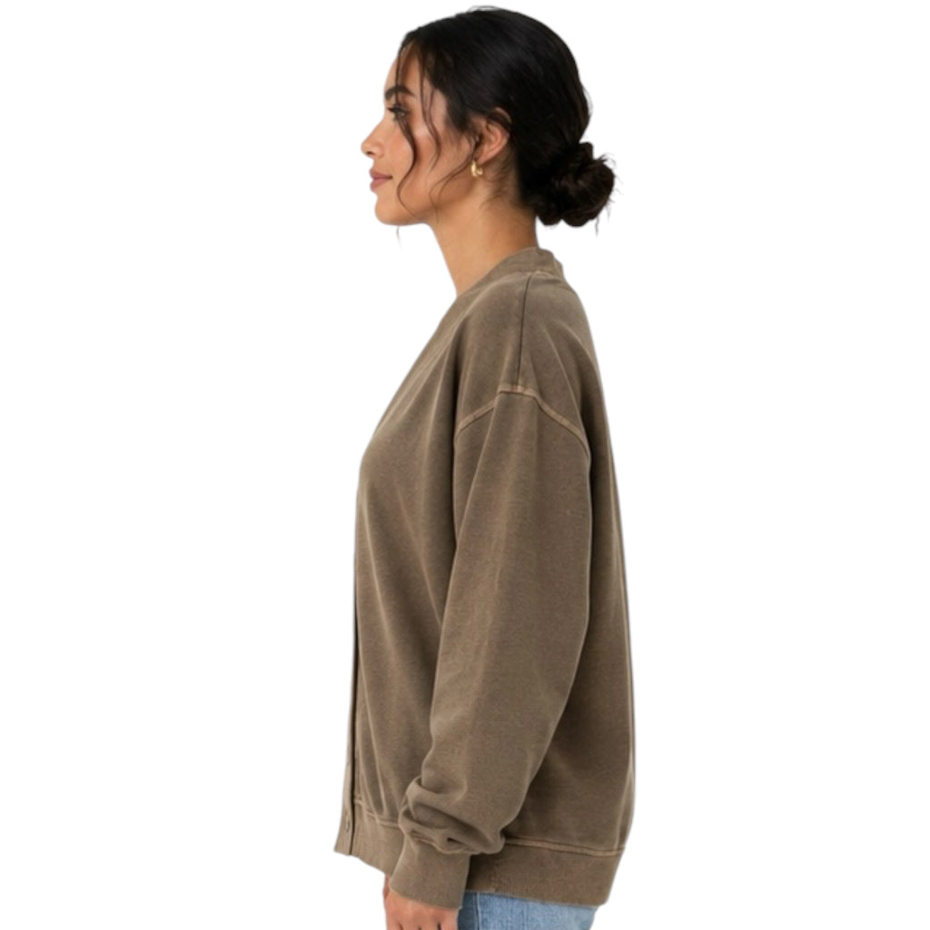 Brown Washed Detail Button Down Long Sleeve Cardigan