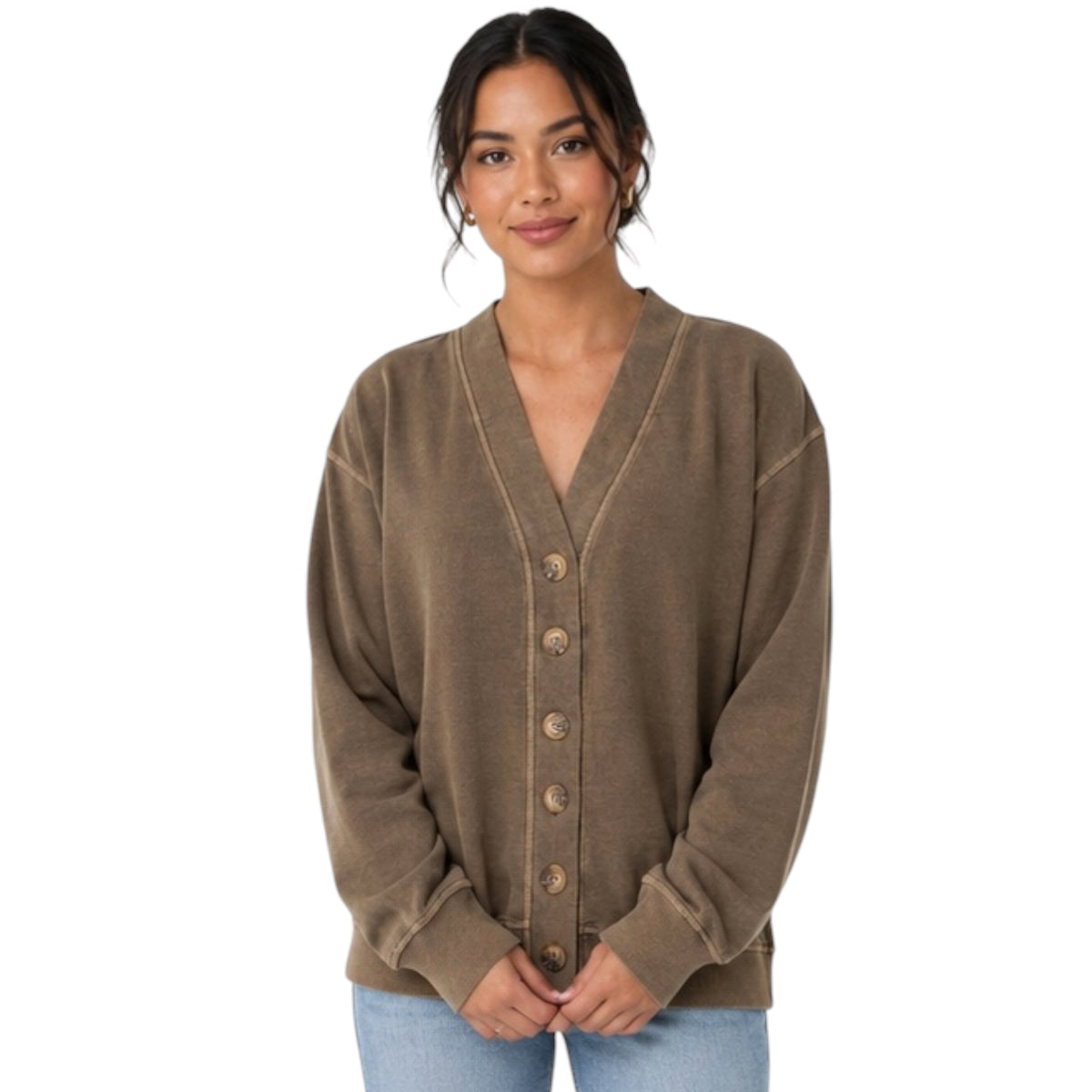 Brown Washed Detail Button Down Long Sleeve Cardigan