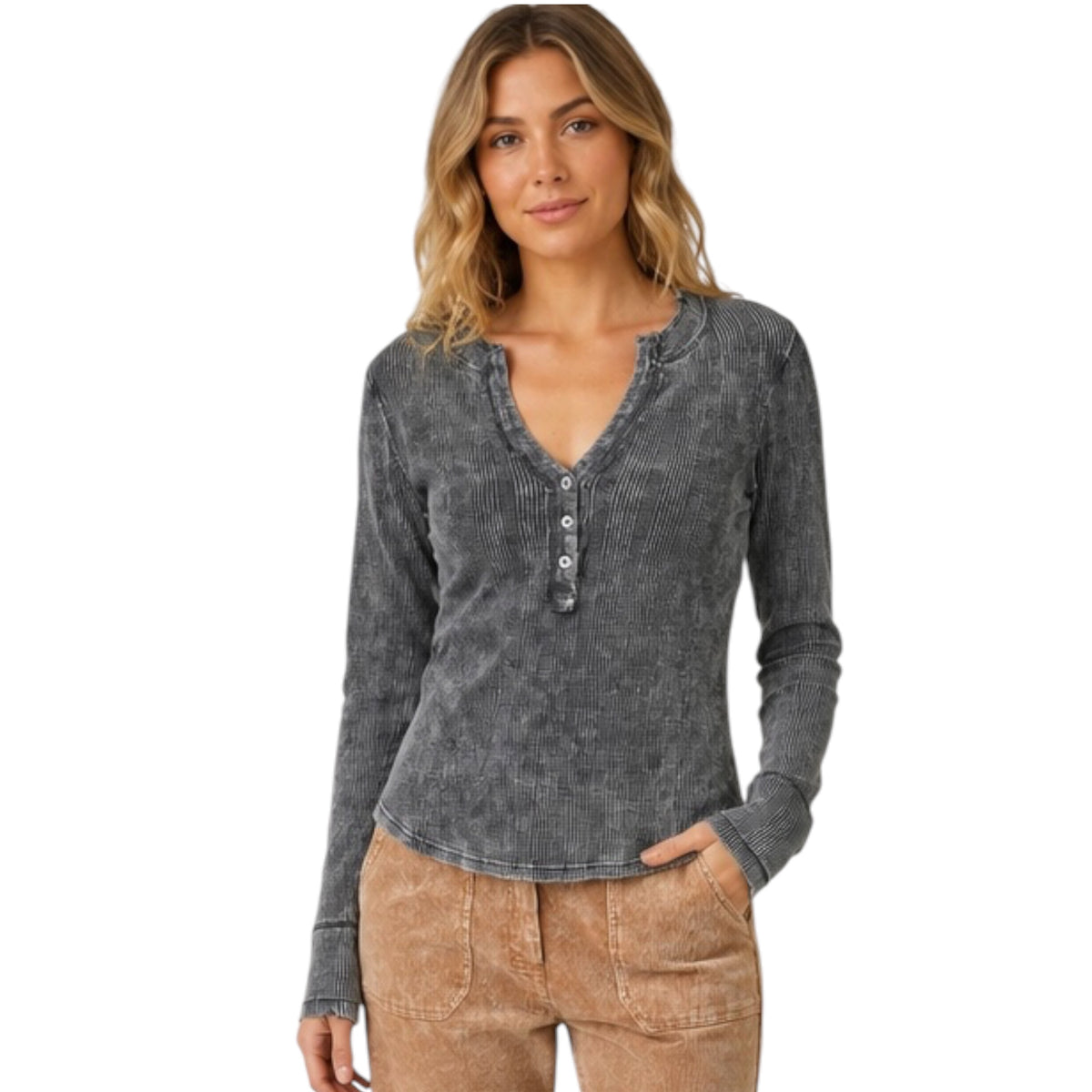 Black Washed Thermal Henley Top