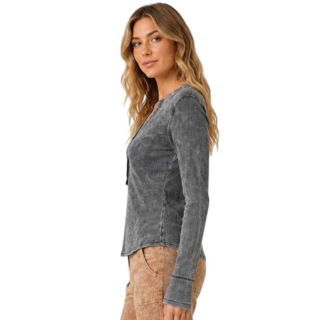Black Washed Thermal Henley Top