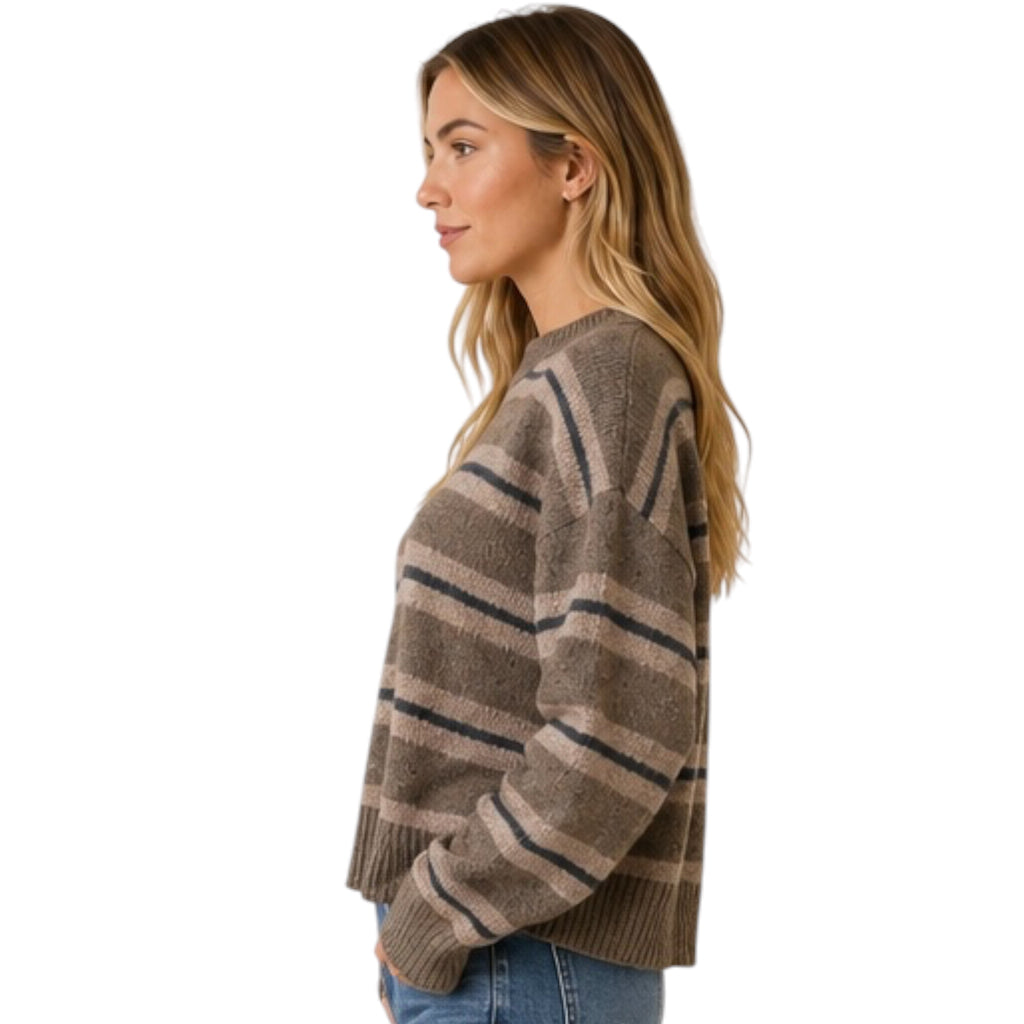 Chestnut Striped Crew Neck Cozy Sweater