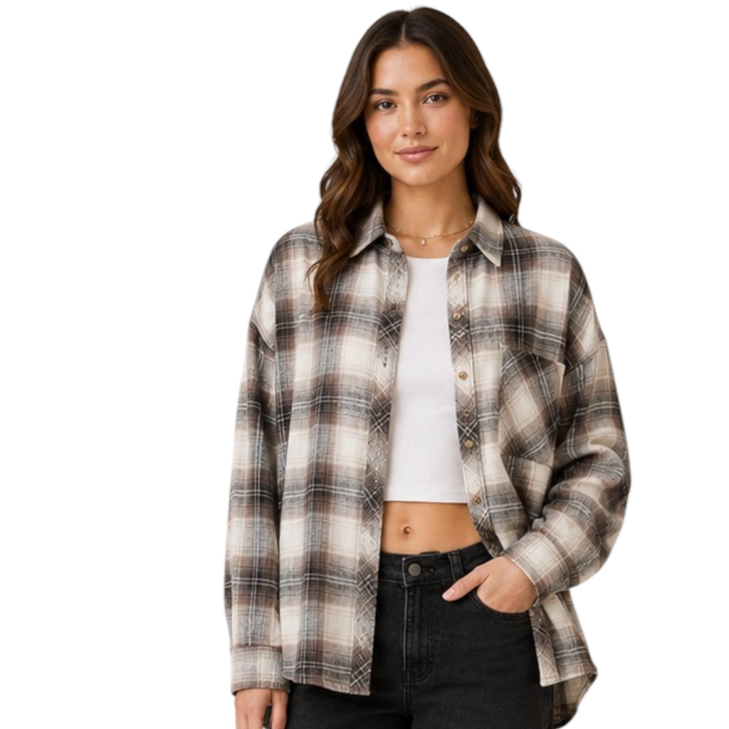 Charcoal Oversized Drop Shoulder Flannel with Front Pocket