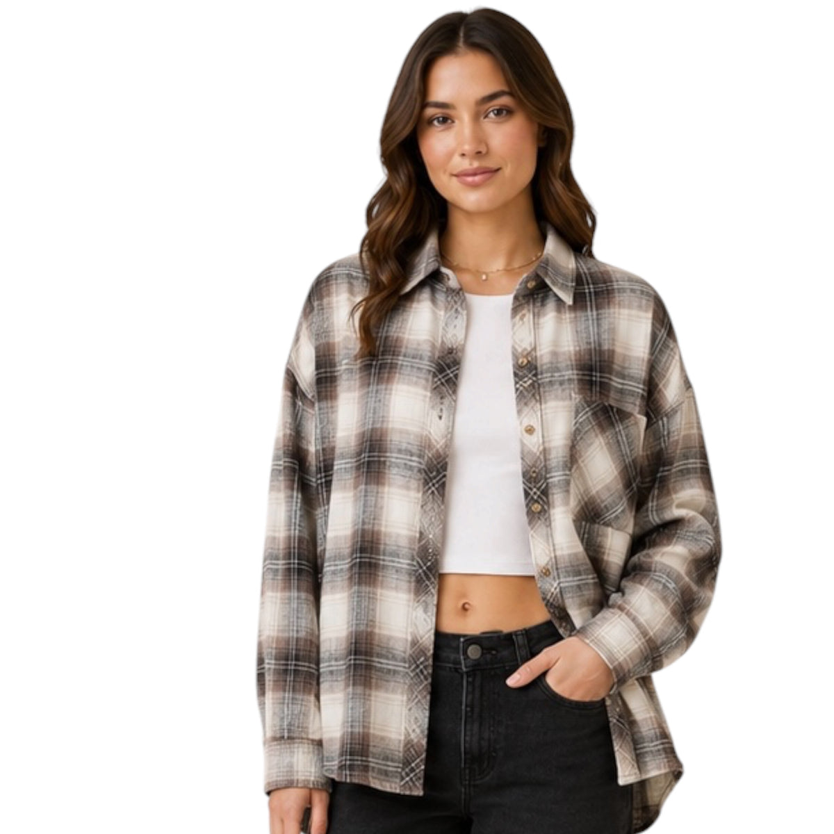 Charcoal Oversized Drop Shoulder Flannel with Front Pocket