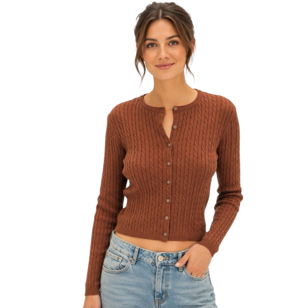 Chestnut Cable Knit Long Sleeve Crop Cardigan
