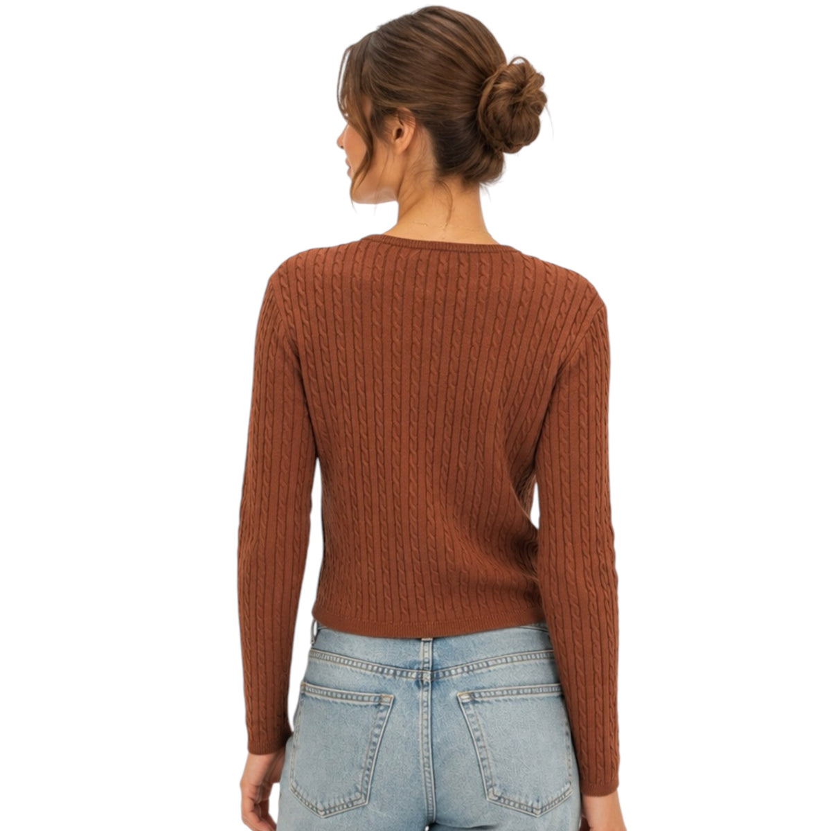 Chestnut Cable Knit Long Sleeve Crop Cardigan