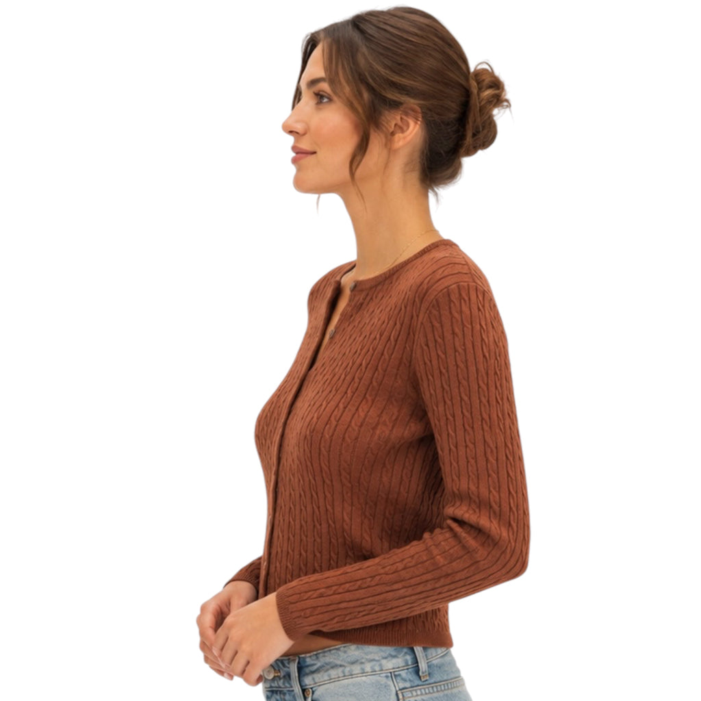 Chestnut Cable Knit Long Sleeve Crop Cardigan