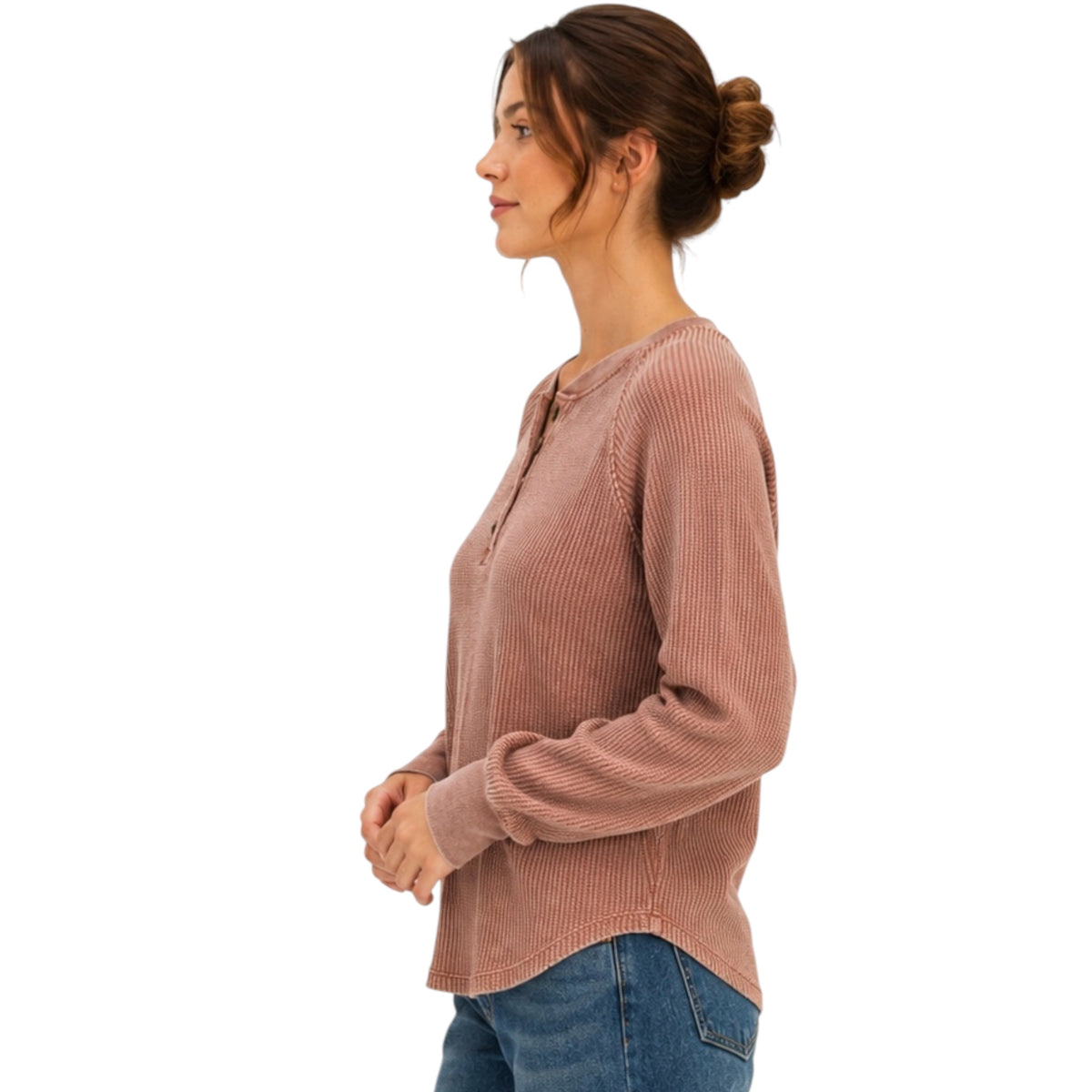 Chestnut Mineral Washed Henley Waffle Knit Top